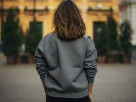 ai generado caminando mujer espalda ver vistiendo demasiado grande oscuro gris gildan foto