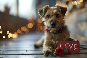 AI generated A dog with a rose holding a red sign saying LOVE text photo