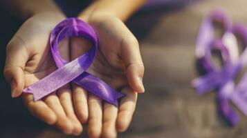 AI generated World Cancer Day inscription. Healthcare and medicine concept - girl hands holding purple cancer awareness ribbon. 4 February day photo