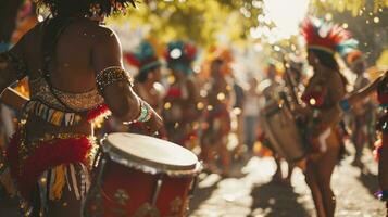 ai generado vamos danza todas nuestra nubes lejos. recortado Disparo de hermosa samba bailarines ejecutando en un carnaval con su banda. foto