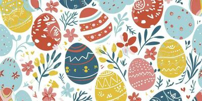 AI generated Cute hand-drawn easter eggs horizontal seamless pattern, fun easter decoration, great for banners, wallpapers, card design. photo