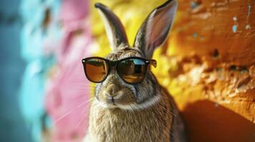 AI generated Cool bunny with sunglasses on colorful background photo