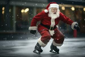 AI generated Santa Claus ice skating with roller skates photo