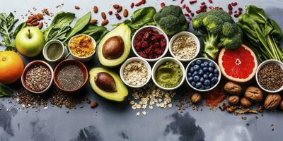 ai generado sano comida limpiar comiendo selección. fruta, verdura, semillas, superalimento, cereal, hoja vegetal en gris hormigón antecedentes. foto