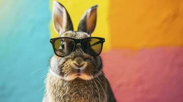 AI generated Cool bunny with sunglasses on colorful background photo