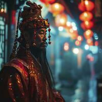 ai generado chino hombre con un chino nuevo año disfraz en un ciudad a el noche. foto