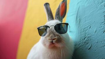 AI generated Cool bunny with sunglasses on colorful background photo