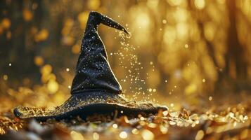 AI generated Magic Black Sorcerer Hat on Golden Fairy Dust Background ,concept carnival photo