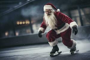 AI generated Santa Claus ice skating with roller skates photo