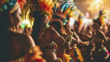 ai generado vamos danza todas nuestra nubes lejos. recortado Disparo de hermosa samba bailarines ejecutando en un carnaval con su banda. foto