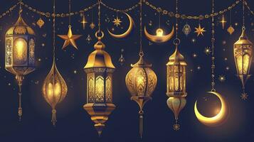 AI generated Arabic traditional Ramadan Kareem eastern lanterns garland. Muslim ornamental hanging golden lanterns, stars and moon vector illustration set. Islamic oriental style garland photo