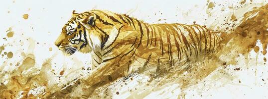 AI generated The New Year eps of a golden tiger, in the style of delicate ink washes, dragon art, abstract expressionistic splatters. photo