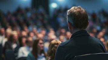 AI generated Business and entrepreneurship symposium. Speaker giving a talk at business meeting. Audience in conference hall. Rear view of unrecognized participant in audience. photo