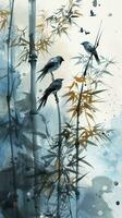 AI generated Watercolor bamboo design in blue and white with birds and birds on a white background, in the style of dark gold and gray. photo