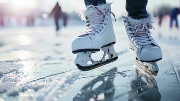 ai generado blanco moderno patines Patinaje en claro hielo en invierno. foto