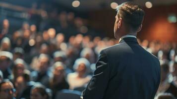 AI generated Business and entrepreneurship symposium. Speaker giving a talk at business meeting. Audience in conference hall. Rear view of unrecognized participant in audience. photo