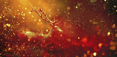 AI generated Golden Christmas deer with a red sparkle background. photo