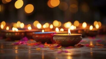 ai generado diwali festival ardiente velas en un madera dura piso foto