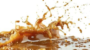 AI generated Delicious caramel splashes isolated on white background, cut out photo