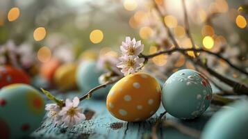 AI generated Close up easter eggs on a blue color wooden table against a bokeh background easter celebration photo