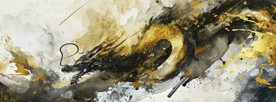 AI generated Happy New Year dragon, in the style of minimalistic brushstrokes, dark white and light gold, ink-wash landscape,. photo