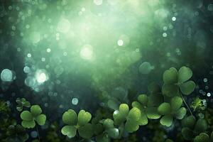 AI generated Floating Green Shamrocks Amid Glitter on Green Background photo