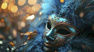 ai generado realista lujo carnaval máscara con azul plumas. resumen borroso fondo, oro polvo, y ligero efectos foto