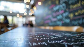 ai generado diferente personas diferente color mano escritura en un pizarra lado ver salón de clases bokeh antecedentes foto