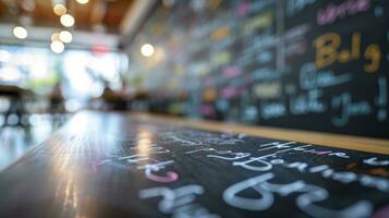 ai generado diferente personas diferente color mano escritura en un pizarra lado ver salón de clases bokeh antecedentes foto