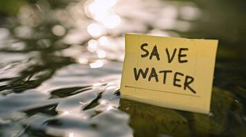 AI generated The text SAVE WATER written in a sticky note, sticky note on the water photo