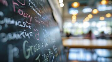 ai generado diferente personas diferente color mano escritura en un pizarra lado ver salón de clases bokeh antecedentes foto