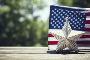 AI generated American flag on a wooden table with copy space for text photo