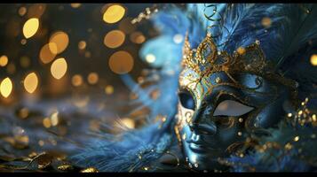 AI generated Realistic luxury carnival mask with blue feathers. Abstract blurred background, gold dust, and light effects photo