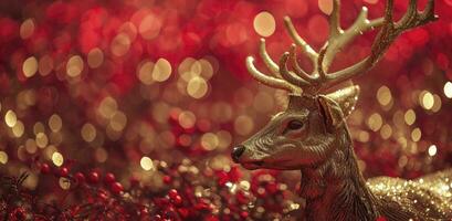 AI generated A gold deer sitting on a red background, in the style of bokeh panorama, glitter, and enchanting lighting. photo