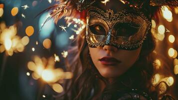 AI generated Beautiful young woman in carnival mask and stylish masquerade costume with feathers and sparklers in colorful bokeh on black background. Christmas, New Year, celebration photo