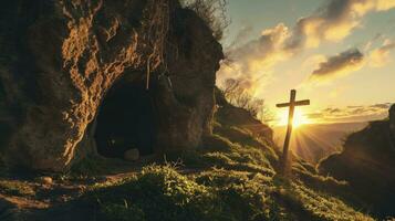 ai generado tumba vacío con sudario y crucifixión a amanecer - Resurrección de Jesús Cristo foto