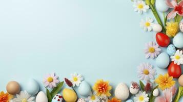 AI generated Spring flowers and colorful easter egg with pastel blue background photo