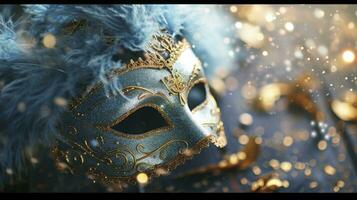 AI generated Realistic luxury carnival mask with blue feathers. Abstract blurred background, gold dust, and light effects photo