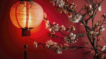 AI generated Happy chinese new year, hanging beautiful lantern and flowers on red background. Copy space. photo