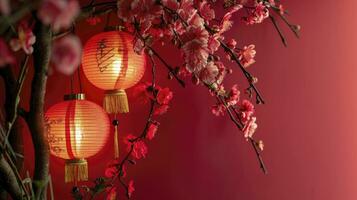 AI generated Happy chinese new year, hanging beautiful lantern and flowers on red background. Copy space. photo