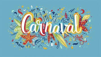 AI generated Hand drawn Carnaval Lettering. Carnival Title With Colorful Party Elements, confetti and brasil samba dansing photo