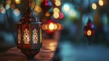 AI generated Islamic greeting Eid Mubarak cards for Muslim Holidays, Eid-Ul-Adha festival celebration. Arabic Ramadan Lantern, Decoration lamp photo