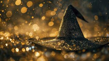 AI generated Magic Black Sorcerer Hat on Golden Fairy Dust Background ,concept carnival photo