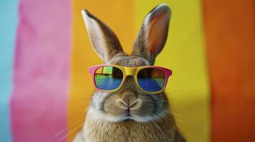 AI generated Cool bunny with sunglasses on colorful background photo