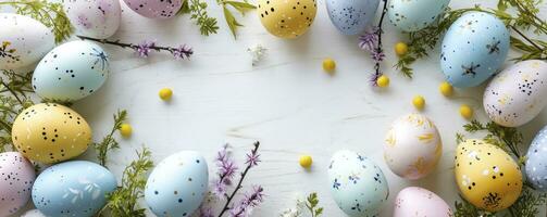 AI generated Easter banner with colorful Easter Egg double side border over a white background. Top view with copy space. photo