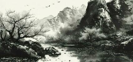 AI generated Chinese style ink landscape photo