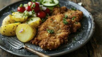 AI generated Classic fried schnitzel served with potato and cucumber salad on a rustic modern plate photo