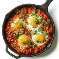 ai generado delicioso shakshuka en fritura pan aislado en blanco, parte superior vista. foto