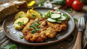 AI generated Classic fried schnitzel served with potato and cucumber salad on a rustic modern plate photo