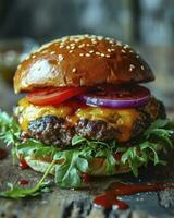 ai generado un hermosa hamburguesa con carne de res, americano queso, latus vegetal y tomate en un de madera mesa foto